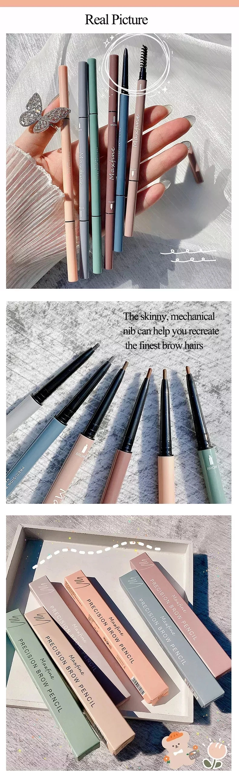 Custom Dual-Ended Eye Brow Natural Smudge-Proof Long Lasting Waterproof Automatic Eyebrow Pencil with Brush